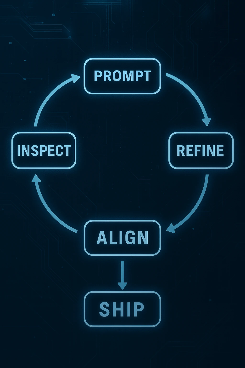 Diagram showing the OutcomeOps iteration loop: Prompt → Inspect → Refine → Align → Ship